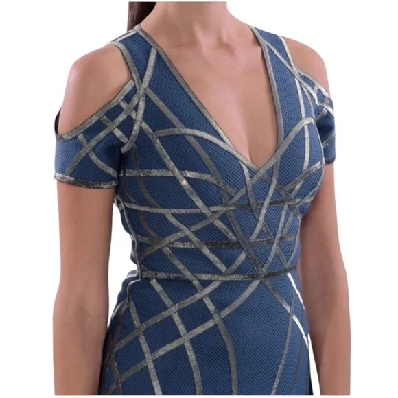 HERVE LEGER VERONIKKA CAGED STRAPPY SEXY RARE COLD-SHOULDER FLUTE DRESS Sz L - Picture 7 of 17